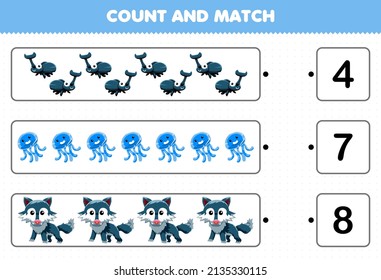 Education game for children count and match count the number of cute cartoon blue animal beetle jellyfish wolf and match with the right numbers printable worksheet