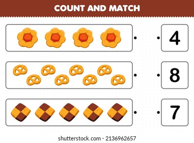 Education game for children count and match count the number of cartoon food snack biscuit and match with the right numbers printable worksheet