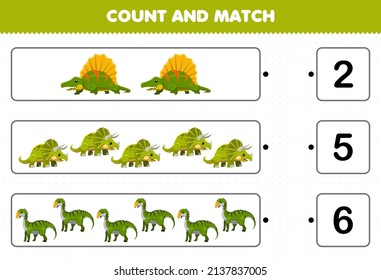 Los juegos de educación para niños cuentan y coinciden el número de dibujos animados prehistóricos dinosaurio verde y coinciden con los números correctos hoja de cálculo imprimible