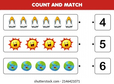 Erziehungsspiel für Kinder zählt und zählt die Anzahl der süßen Cartoon-Solarkartoon-Weltraumschip-Sonnenkollektoren und passt zu den richtigen Zahlen, druckfähiges Arbeitsblatt