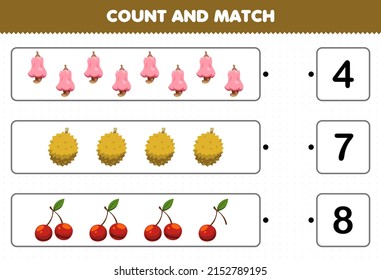 Education game for children count and match count the number of cartoon fruits cashew durian cherry and match with the right numbers printable worksheet