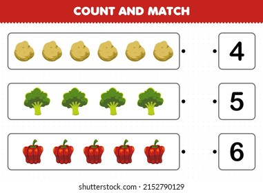 Juego de educación para niños cuenta y compara el número de caricaturas vegetales papa brócoli paprika y concuerda con los números correctos hoja de cálculo imprimible