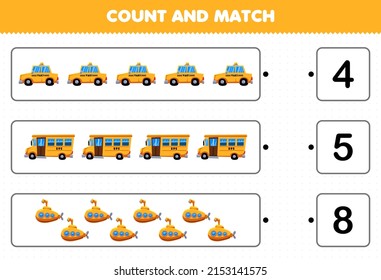 Juego de educación para niños cuenta y compara el número de dibujos animados amarillo transporte taxi bus submarino y coincide con los números correctos hoja de cálculo imprimible
