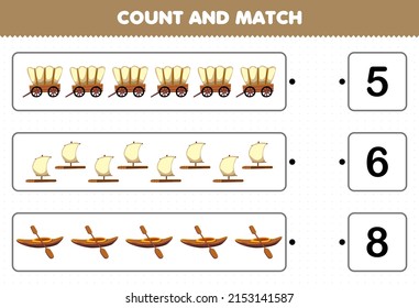 Education game for children count and match count the number of cartoon manual transportation wagon raft kayak and match with the right numbers printable worksheet