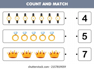 Juego de educación para niños cuenta y coteja cuenta el número de dibujos animados joyería portátil corona y concuerda con los números correctos hoja de cálculo imprimible