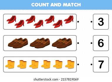 Education game for children count and match count the number of cartoon wearable footwear heels shoes boots and match with the right numbers printable worksheet
