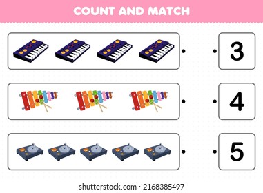 Education game for children count and match count the number of cartoon music instrument synthesizer xylophone turntable and match with the right numbers printable worksheet