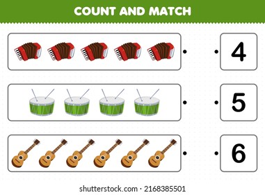 Education game for children count and match count the number of cartoon music instrument accordion drum guitar and match with the right numbers printable worksheet