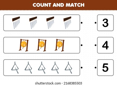 Education game for children count and match count the number of cartoon music instrument chimes gong triangle and match with the right numbers printable worksheet