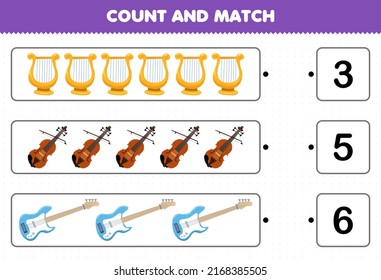 Erziehungsspiel für Kinder zählt und zählt die Anzahl der Cartoon-Musikinstrumente Lyre-Violine-Bass und passt mit den richtigen Zahlen druckfähiges Arbeitsblatt