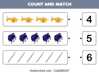 Education game for children count and match count the number of cartoon music instrument trumpet piano flute and match with the right numbers printable worksheet