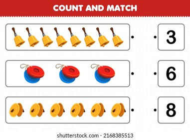 Education game for children count and match count the number of cartoon music instrument bell castanet cymbals and match with the right numbers printable worksheet