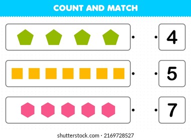 Education game for children count and match count the number of geometric shape pentagon square hexagon and match with the right numbers printable worksheet