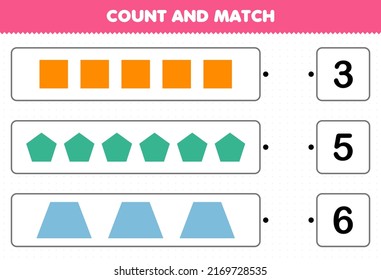 Education game for children count and match count the number of geometric shape square pentagon trapezoid and match with the right numbers printable worksheet