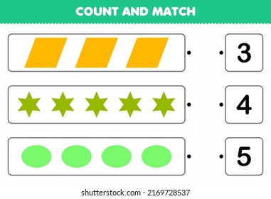 Education game for children count and match count the number of geometric shape parallelogram star oval and match with the right numbers printable worksheet