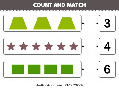 Education game for children count and match count the number of geometric shape trapezoid star rectangle and match with the right numbers printable worksheet