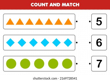 Juego de educación para niños cuenta y coteja el número de formas geométricas triángulo círculo de rhombus y coincide con los números correctos hoja de cálculo imprimible