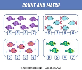 Education game for children count and match of cute cartoon fishes, underwater animal printable worksheet. Vector