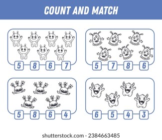 Education game for children count and match of cute cartoon monsters, printable worksheet. Vector