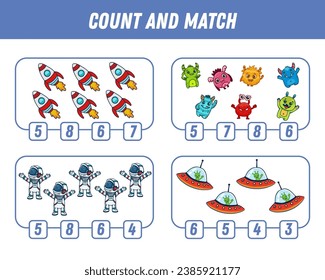 Education game for children count and match of space elements, cute cartoon monsters, ufo, astronauts and rocket printable worksheet. Vector
