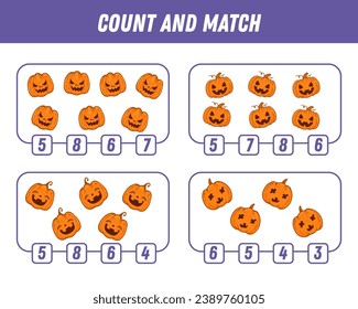 Education game for children count and match of cute cartoon pumpkins, printable worksheet. Vector
