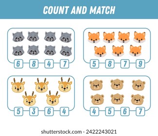 Education game for children count and match of cute cartoon forest animals, printable worksheet. Vector