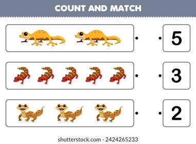 Education game for children count and match the number of cute gecko picture printable pet worksheet