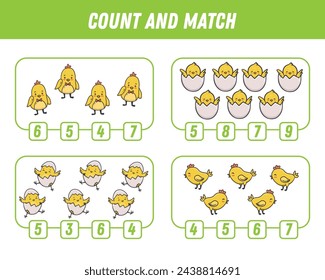 Education game for children count and match of cute cartoon chickens. Funny easter chicken. Vector