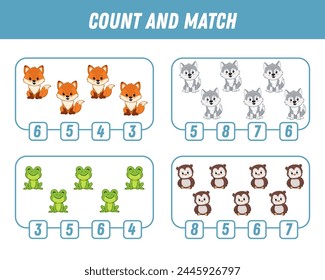 Education game for children count and match of cute cartoon animals, printable worksheet. Funny fox, wolf, frog, owl. Vector