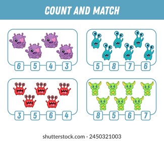 Education game for children count and match of cute cartoon monsters, printable worksheet. Vector