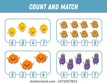 Education game for children count and match of cute cartoon vegetables, printable worksheet. Funny pumpkin, potato, eggplant, pepper. Vector illustration