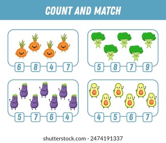 Education game for children count and match of cute cartoon vegetables, printable worksheet. Funny broccoli, onion, eggplant, avocado. Vector
