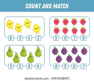 Education game for children count and match of cute cartoon fruits, printable worksheet. Funny lemon, raspberry, pear, plum. Vector
