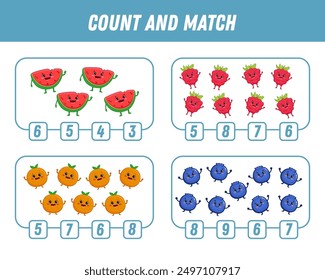 Education game for children count and match of cute cartoon fruits, printable worksheet. Funny orange, raspberry, watermelon, blueberry. Vector
