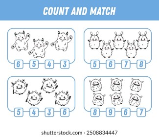 Education game for children count and match of cute cartoon monsters, printable worksheet. Vector
