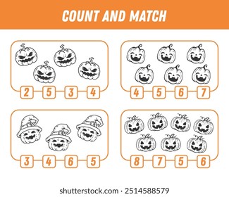 Education game for children count and match of cartoon pumpkin, printable worksheet. Halloween game. Vector
