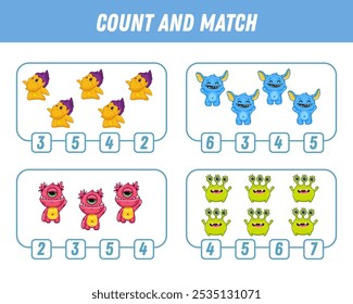 Juego de Educación para niños cuenta y partido de monstruos de dibujos animados lindos, hoja de trabajo imprimible. Vector
