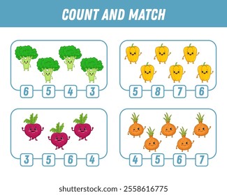 Education game for children count and match of cute cartoon vegetables, printable worksheet. Funny broccoli, onion, pepper, beet. Vector