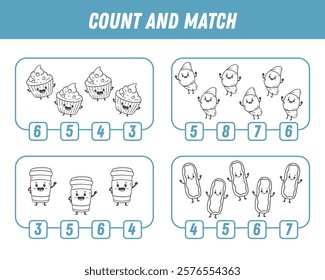 Education game for children count and match of cute Cartoon character. Activity page with fast food characters. Cartoon eclair, cup of coffee, croissant, cake. Vector