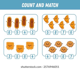 Education game for children count and match of cute Cartoon character. Activity page with fast food characters. Cartoon eclair, viennese waffle, croissant, cokie. Vector