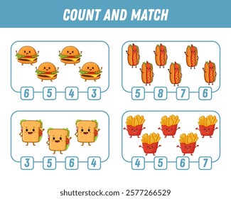 Education game for children count and match of cute Cartoon character. Activity page with fast food characters. Cartoon  hamburger, sandwich, hot dog, french fries, slice of pizza. Vector