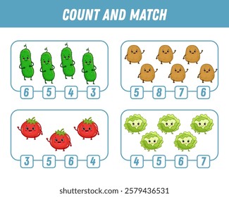 Education game for children count and match of cute cartoon vegetables, printable worksheet. Funny cabbage, potato, tomato, cucumber. Vector