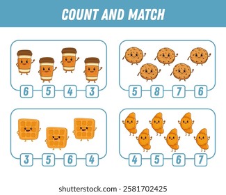 Education game for children count and match of cute Cartoon character. Activity page with fast food characters. Cartoon cup of cofee, viennese waffle, croissant, cookie. Vector
