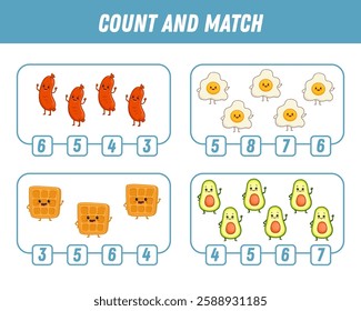 Education game for children count and match of cute Cartoon food character. Activity page. Cartoon sausage, avocado, Viennese waffle, fried egg. Vector