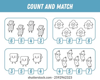 Education game for children count and match of cute Cartoon food character. Activity page. Cartoon bacon, sausage, fried egg, bread. Vector
