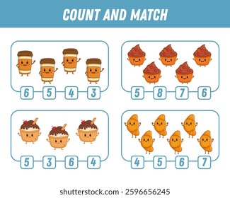 Education game for children count and match of cute Cartoon character. Activity page with food characters. Cartoon cup of cofee, ice cream, croissant, cupcake. Vector