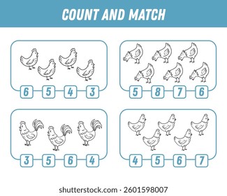 Education game for children count and match of cute cartoon animals, printable worksheet. Cute rrooster and hens. Vector illustration