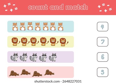 Jogo de educação para crianças contar e combinar de animais selvagens bonitos. Jogo educacional para crianças. Planilha imprimível. Ilustração de vetor