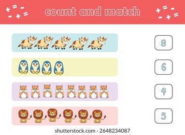 Education game for children count and match of cute wild animals. Educational game for kids. Printable worksheet. Vector Illustration