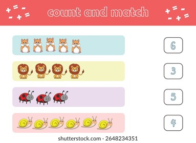 Jogo de educação para crianças contar e combinar de animais selvagens bonitos. Jogo educacional para crianças. Planilha imprimível. Ilustração de vetor